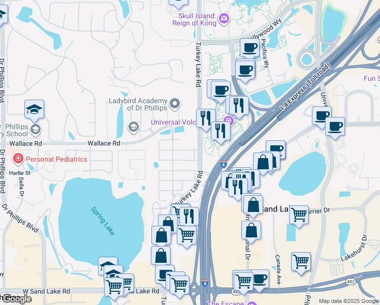 map of restaurants, bars, coffee shops, grocery stores, and more near 6826 Dolce Way in Orlando