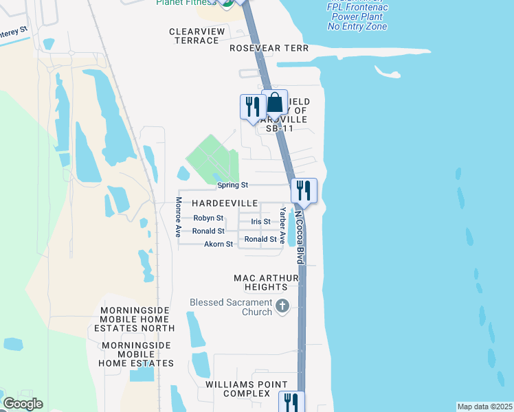 map of restaurants, bars, coffee shops, grocery stores, and more near 322 Iris Street in Cocoa