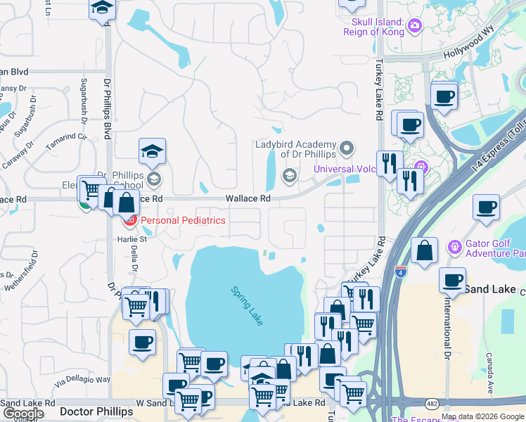 map of restaurants, bars, coffee shops, grocery stores, and more near 7424 Spring Villas Circle in Orlando