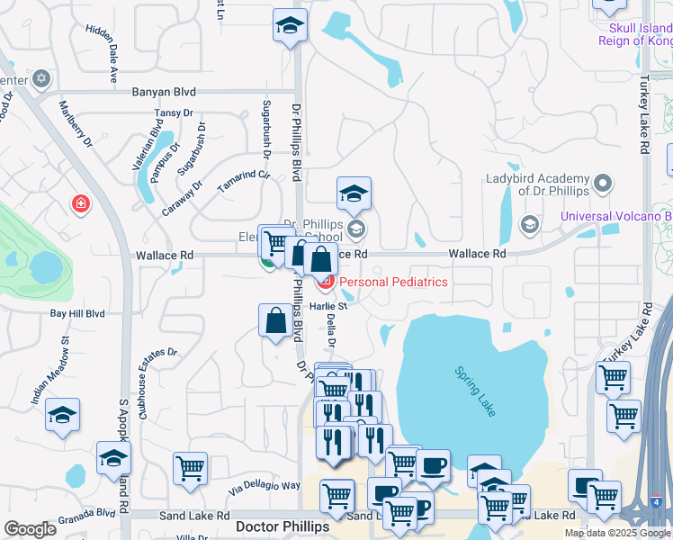 map of restaurants, bars, coffee shops, grocery stores, and more near 7700 Carriage Homes Drive in Orlando