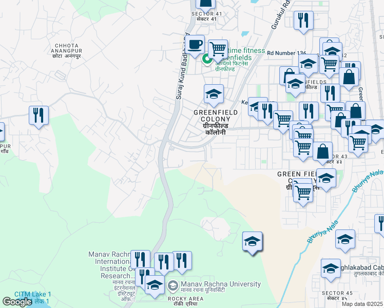 map of restaurants, bars, coffee shops, grocery stores, and more near in Faridabad