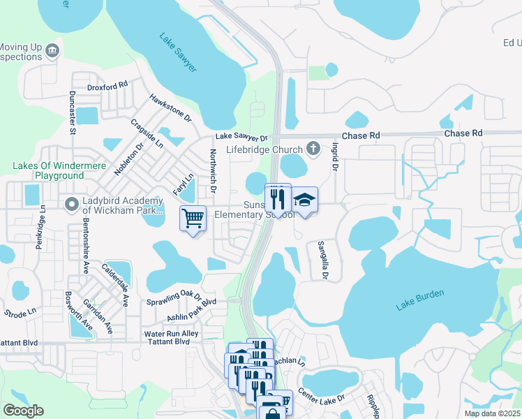 map of restaurants, bars, coffee shops, grocery stores, and more near 6615 Helmsley Circle in Windermere