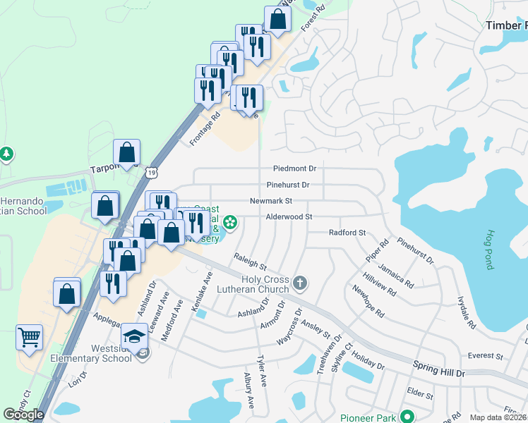 map of restaurants, bars, coffee shops, grocery stores, and more near 6127 Newmark Street in Spring Hill