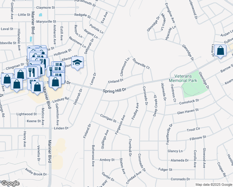 map of restaurants, bars, coffee shops, grocery stores, and more near 11436 Spring Hill Drive in Spring Hill