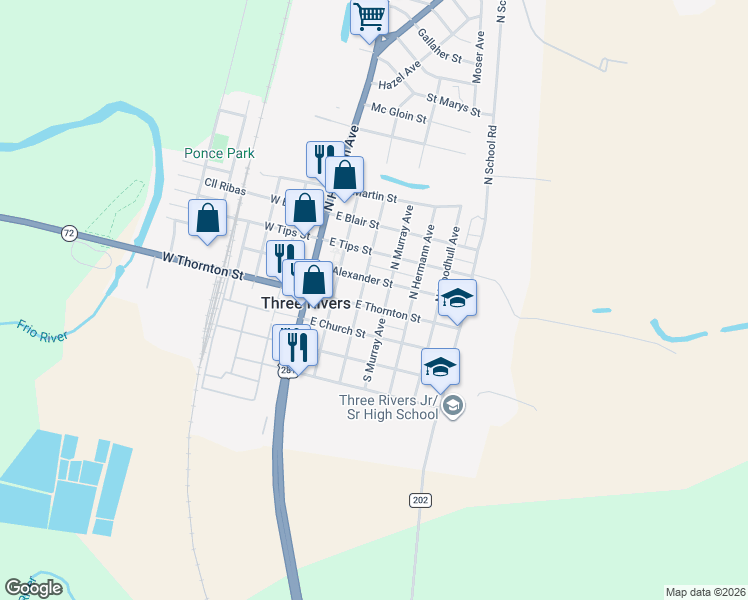 map of restaurants, bars, coffee shops, grocery stores, and more near 304 East Alexander Street in Three Rivers