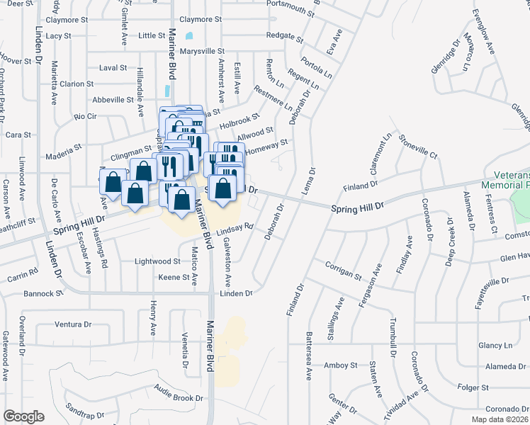 map of restaurants, bars, coffee shops, grocery stores, and more near 2018 Deering Avenue in Spring Hill
