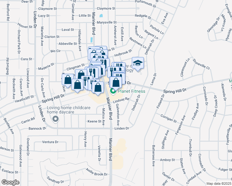 map of restaurants, bars, coffee shops, grocery stores, and more near 11160 Spring Hill Drive in Spring Hill