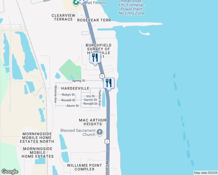 map of restaurants, bars, coffee shops, grocery stores, and more near 5410 Edgewater Court in Cocoa
