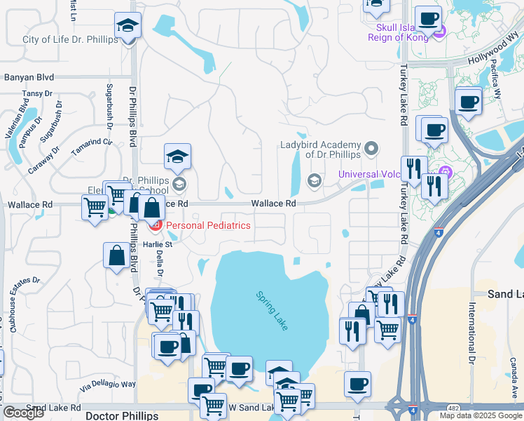 map of restaurants, bars, coffee shops, grocery stores, and more near 6850 Spring Rain Drive in Orlando