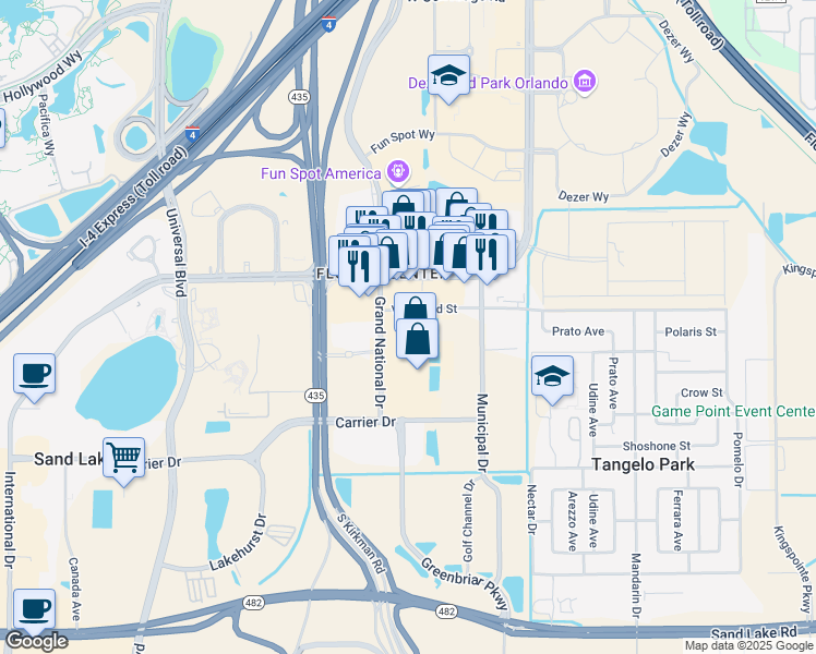 map of restaurants, bars, coffee shops, grocery stores, and more near 7001 Grand National Drive in Orlando