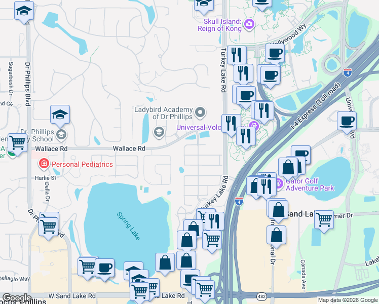 map of restaurants, bars, coffee shops, grocery stores, and more near 6980 Brescia Way in Orlando