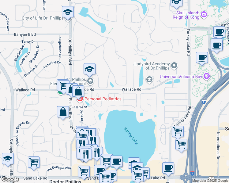 map of restaurants, bars, coffee shops, grocery stores, and more near 7527 Bayport Road in Orlando