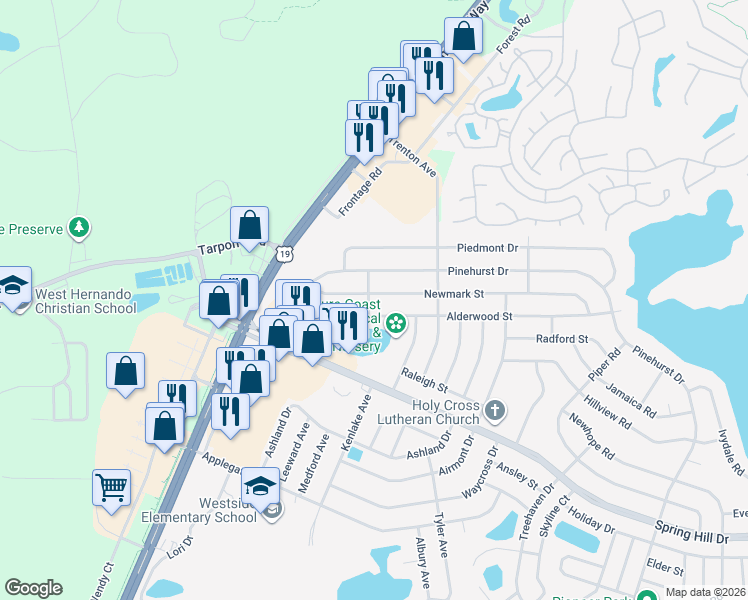 map of restaurants, bars, coffee shops, grocery stores, and more near 6029 Newmark Street in Spring Hill