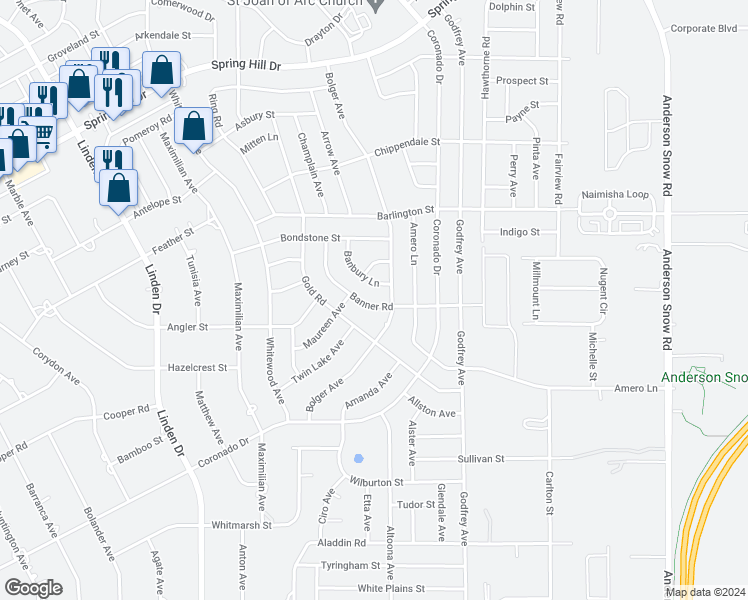 map of restaurants, bars, coffee shops, grocery stores, and more near 13515 Banner Road in Spring Hill