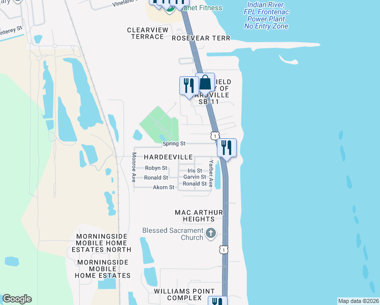 map of restaurants, bars, coffee shops, grocery stores, and more near 303 Spring Street in Cocoa