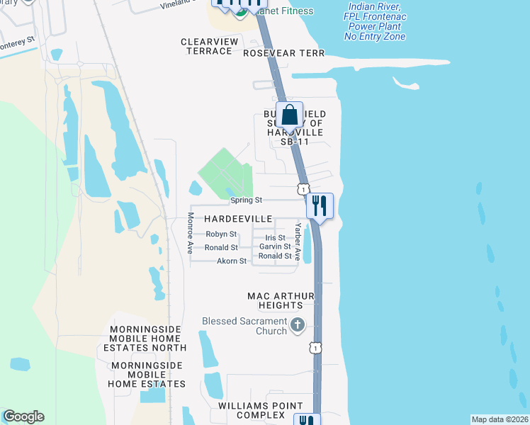 map of restaurants, bars, coffee shops, grocery stores, and more near 303 Spring Street in Cocoa