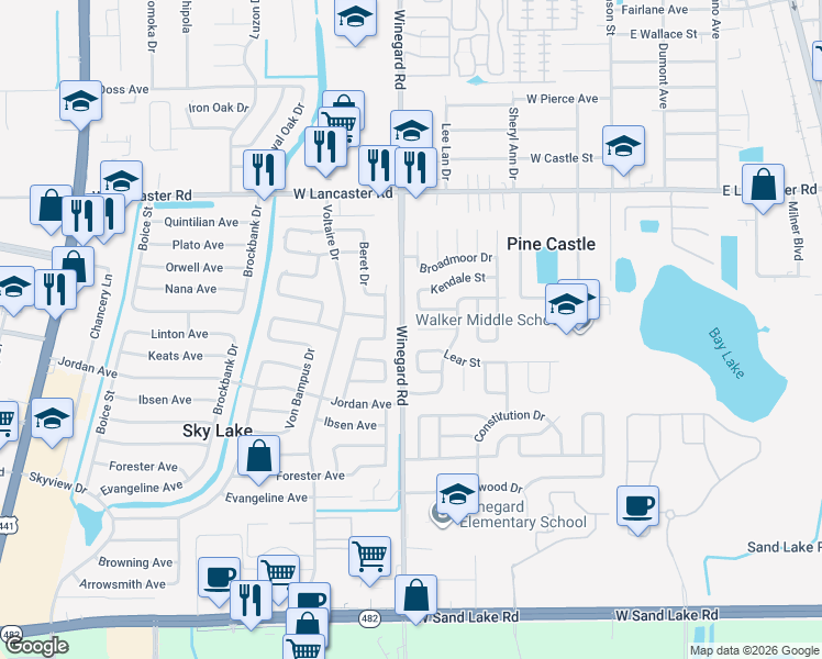 map of restaurants, bars, coffee shops, grocery stores, and more near 675 Biarrtz Court in Orlando