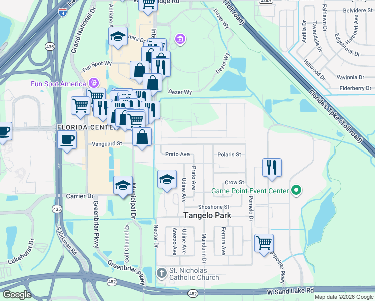 map of restaurants, bars, coffee shops, grocery stores, and more near 5014 Vanguard Street in Orlando