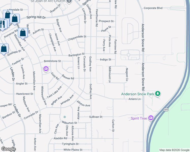 map of restaurants, bars, coffee shops, grocery stores, and more near 2026 Godfrey Avenue in Spring Hill