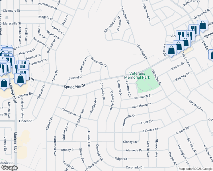 map of restaurants, bars, coffee shops, grocery stores, and more near 12115 Deep Creek Drive in Spring Hill