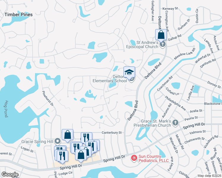 map of restaurants, bars, coffee shops, grocery stores, and more near 2236 Springmeadow Drive in Spring Hill