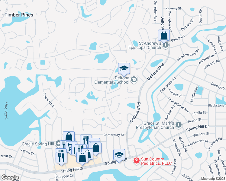 map of restaurants, bars, coffee shops, grocery stores, and more near 2236 Springmeadow Drive in Spring Hill