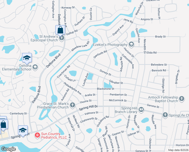 map of restaurants, bars, coffee shops, grocery stores, and more near 2042 Flynn Lane in Spring Hill