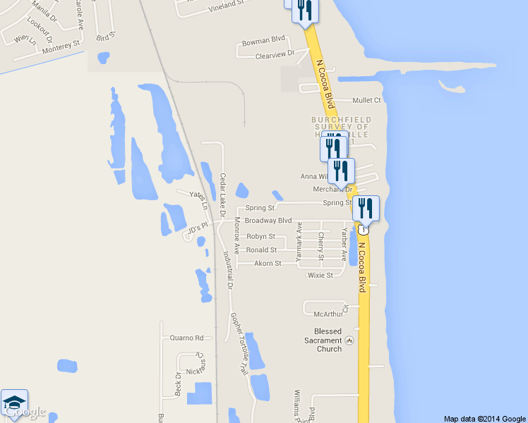 map of restaurants, bars, coffee shops, grocery stores, and more near 339 Spring Street in Cocoa