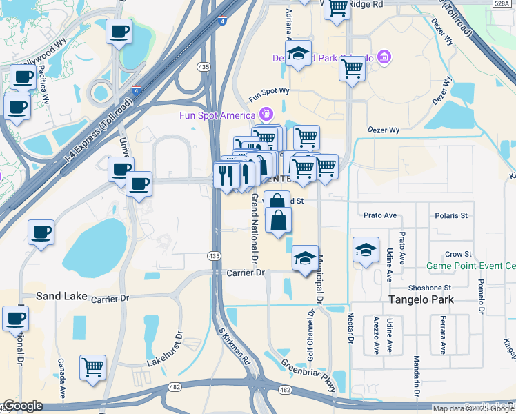 map of restaurants, bars, coffee shops, grocery stores, and more near 7001 Grand National Dr in Orlando