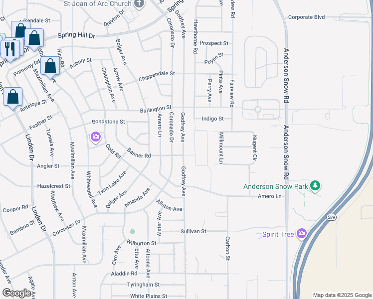 map of restaurants, bars, coffee shops, grocery stores, and more near 2026 Godfrey Avenue in Spring Hill