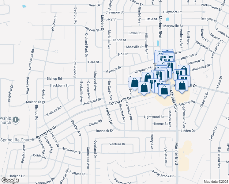 map of restaurants, bars, coffee shops, grocery stores, and more near 2041 Escobar Avenue in Spring Hill