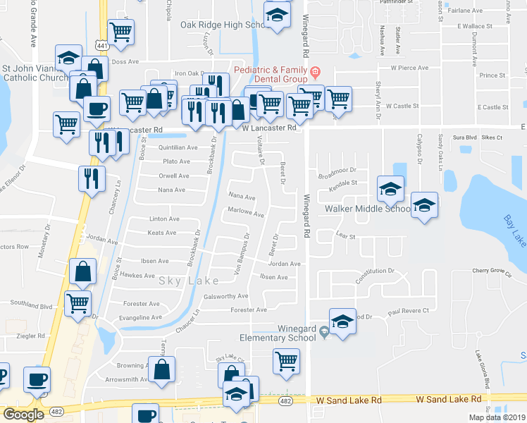 map of restaurants, bars, coffee shops, grocery stores, and more near 6608 Voltaire Dr in Orlando