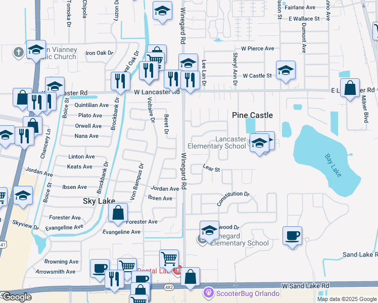 map of restaurants, bars, coffee shops, grocery stores, and more near 675 Biarrtz Court in Orlando