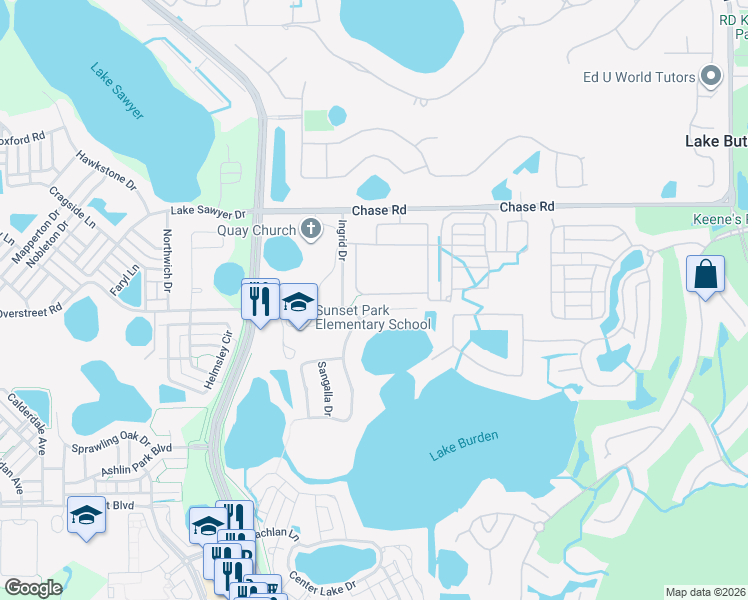 map of restaurants, bars, coffee shops, grocery stores, and more near 11708 Hampstead Street in Windermere