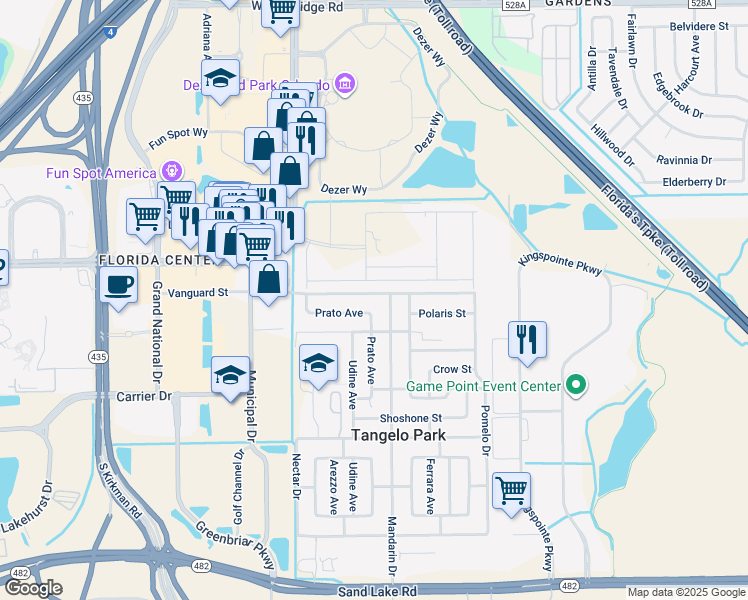 map of restaurants, bars, coffee shops, grocery stores, and more near 5014 Vanguard Street in Orlando