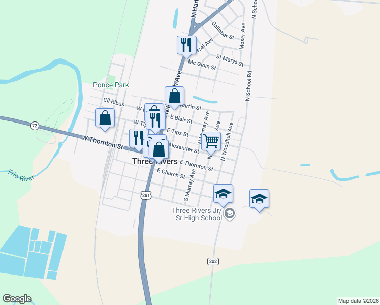 map of restaurants, bars, coffee shops, grocery stores, and more near 304 East Alexander Street in Three Rivers