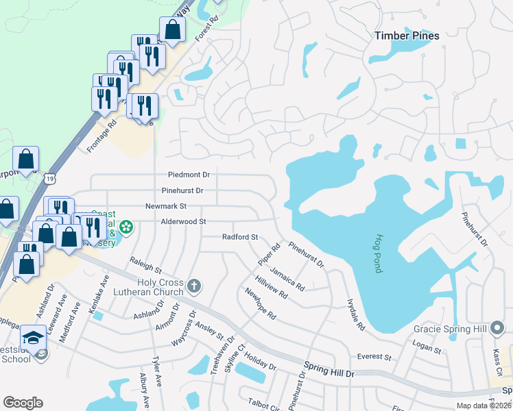 map of restaurants, bars, coffee shops, grocery stores, and more near 6309 Newmark St in Spring Hill