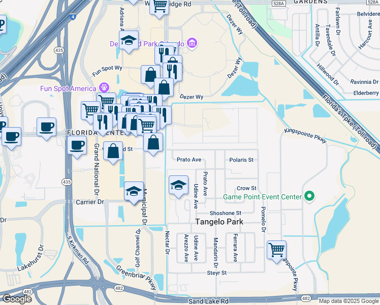 map of restaurants, bars, coffee shops, grocery stores, and more near 5100 Vanguard Street in Orlando