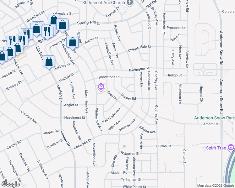 map of restaurants, bars, coffee shops, grocery stores, and more near 13464 Banner Road in Spring Hill