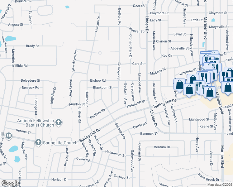 map of restaurants, bars, coffee shops, grocery stores, and more near 10233 Bedford Road in Spring Hill