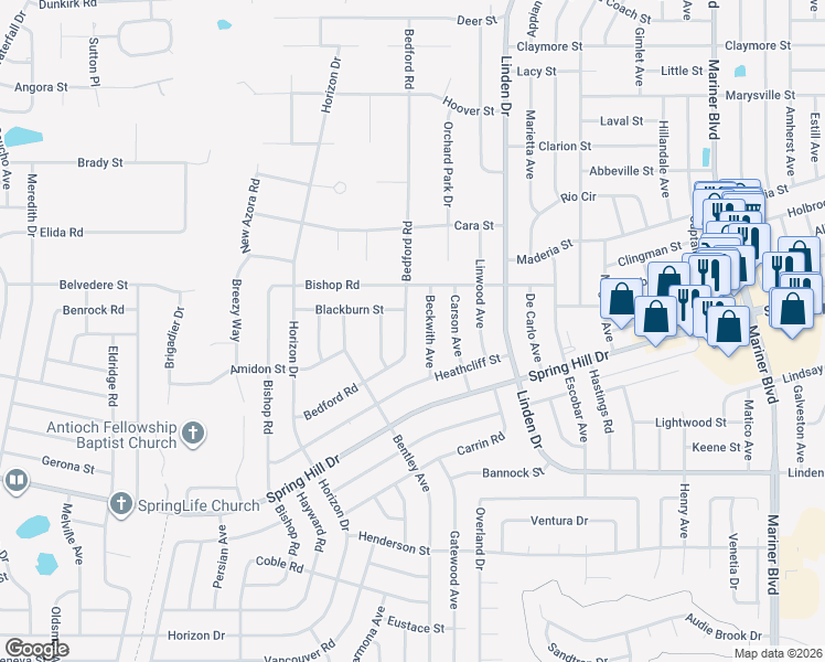 map of restaurants, bars, coffee shops, grocery stores, and more near 10233 Bedford Road in Spring Hill