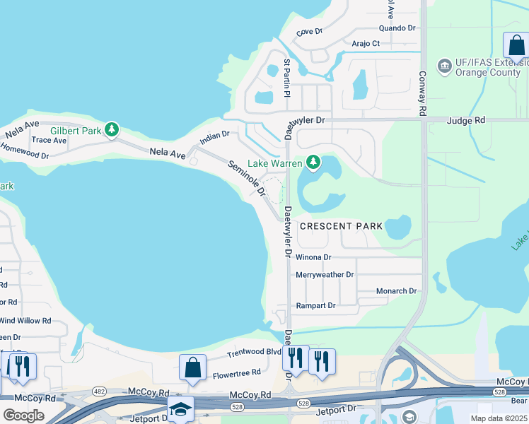 map of restaurants, bars, coffee shops, grocery stores, and more near 7224 Seminole Drive in Belle Isle