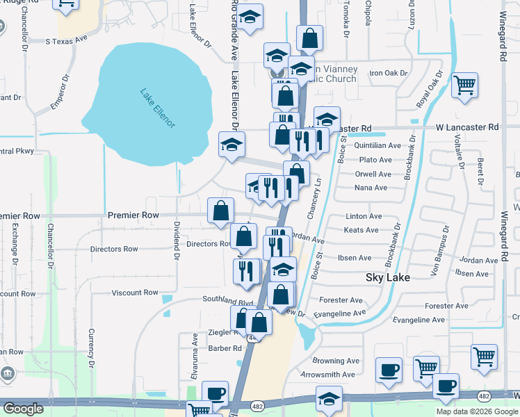 map of restaurants, bars, coffee shops, grocery stores, and more near 7215 Monetary Drive in Orlando