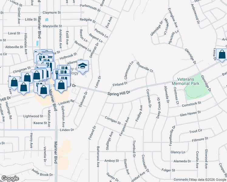 map of restaurants, bars, coffee shops, grocery stores, and more near 2044 Finland Drive in Spring Hill