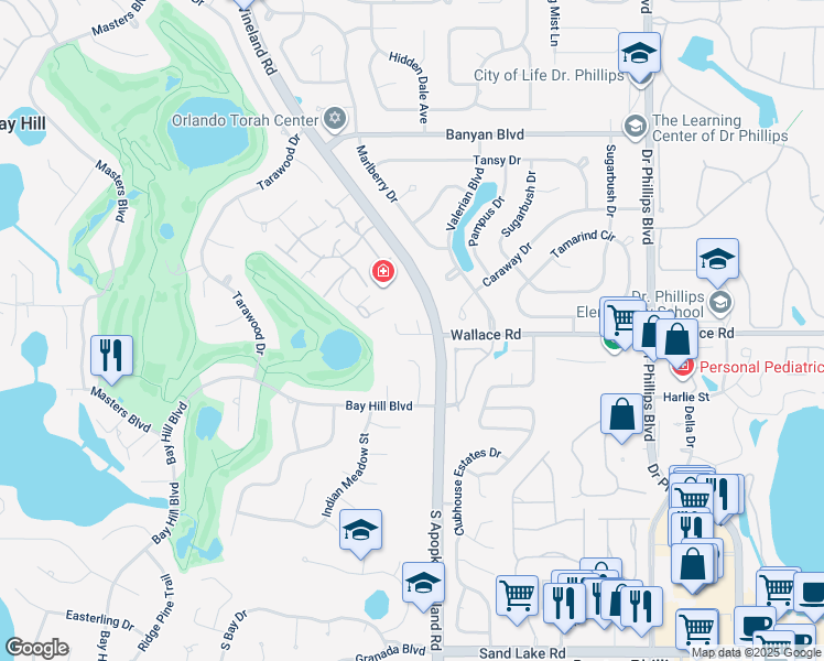 map of restaurants, bars, coffee shops, grocery stores, and more near 6032 Bay Valley Court in Orlando