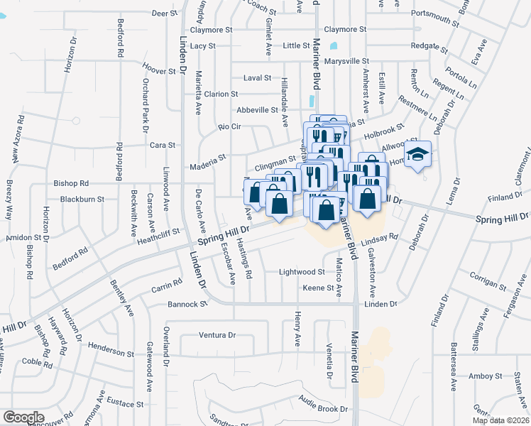 map of restaurants, bars, coffee shops, grocery stores, and more near 10446 Captain Dr in Spring Hill