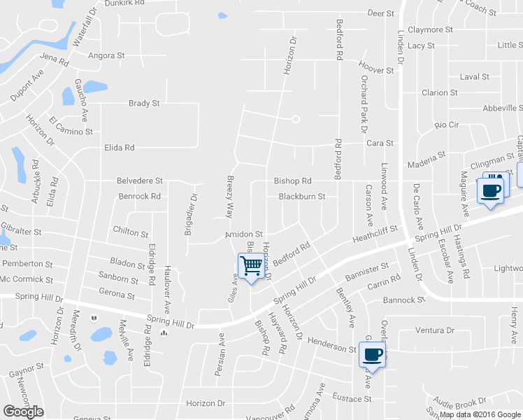 map of restaurants, bars, coffee shops, grocery stores, and more near 10491 Horizon Drive in Spring Hill