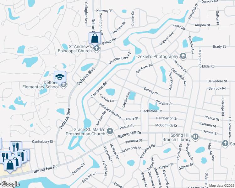 map of restaurants, bars, coffee shops, grocery stores, and more near 2043 Waterfall Drive in Spring Hill