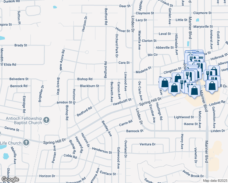 map of restaurants, bars, coffee shops, grocery stores, and more near 2042 Beckwith Avenue in Spring Hill