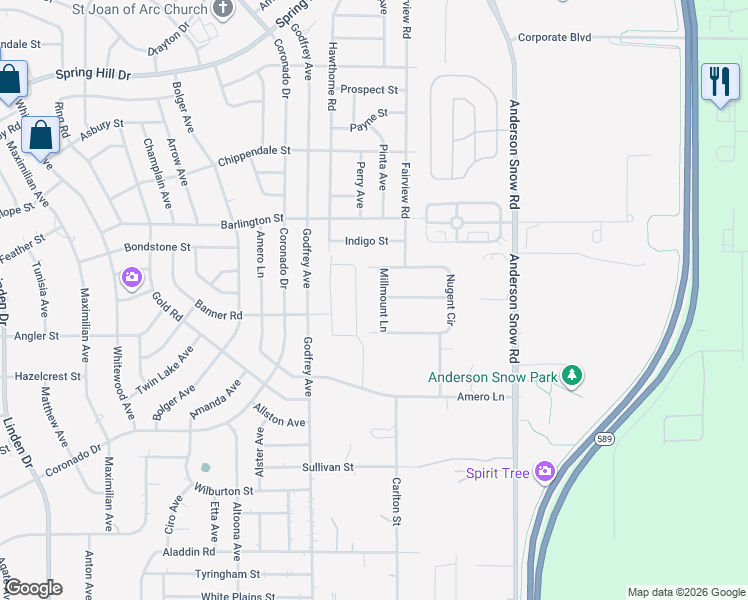 map of restaurants, bars, coffee shops, grocery stores, and more near 2083 Millmount Lane in Spring Hill
